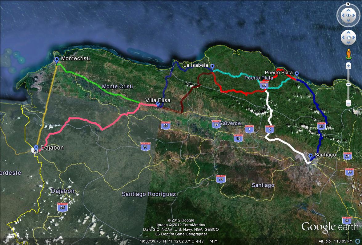 Mapa de las rutas de la red de fibra óptica de BW Telecom en el Cibao